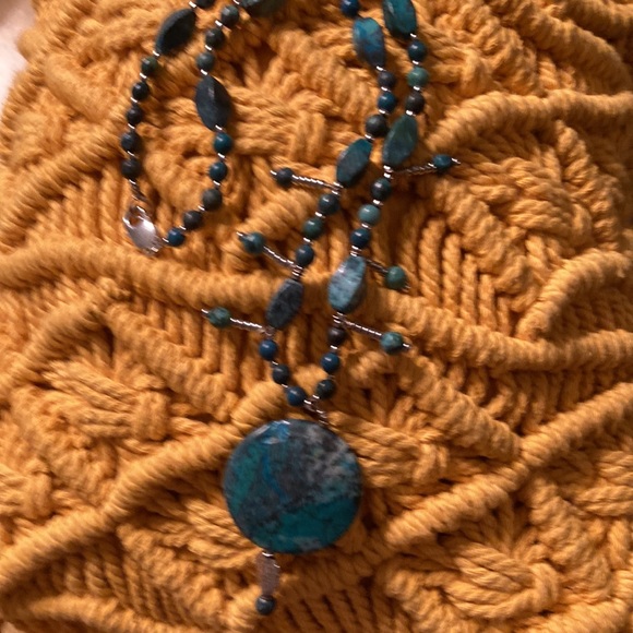 Hand crafted teal long  necklace - Picture 4 of 5